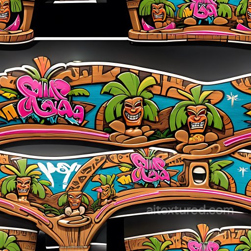 Seamless 3D PBR Texture Featuring Colorful Tropical Tiki Graffiti Art texture preview