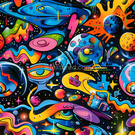 Seamless 3D PBR Texture of Vibrant Cosmic Graffiti with Neon Colors and Abstract Shapes