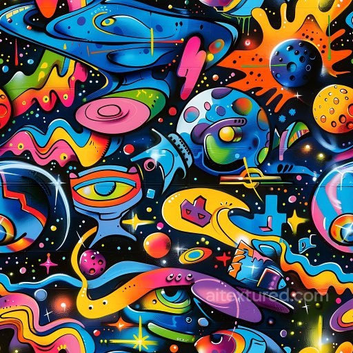 Seamless 3D PBR Texture of Vibrant Cosmic Graffiti with Neon Colors and Abstract Shapes texture preview