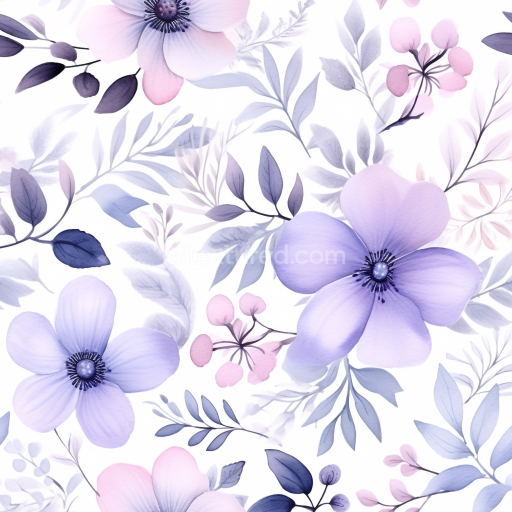 Seamless 3D PBR Purple Flower Watercolor Floral Texture with Soft Pastel Leaves
