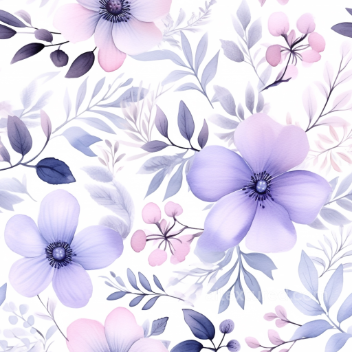 Purple Flower Watercolor Floral Texture with Soft Pastel Leaves seamless Purple Flower PBR texture