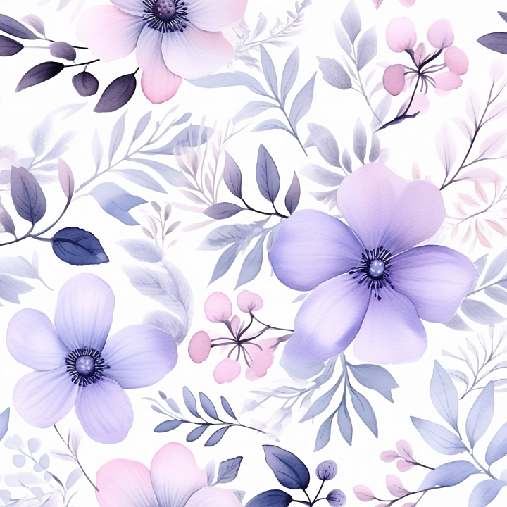 Purple Flower Watercolor Floral with Soft Pastel Leaves seamless PBR texture preview
