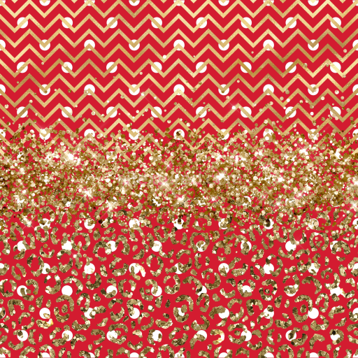 Seamless 3D PBR Texture with Gold Glitter Leopard and Chevron Patterns on Red Background