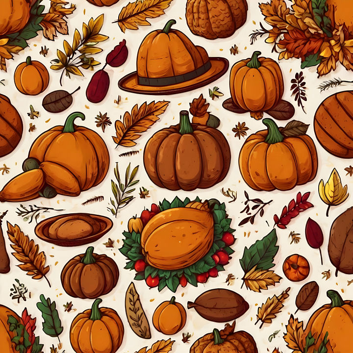 with Stylized Pumpkins and Autumn Leaves seamless PBR texture preview