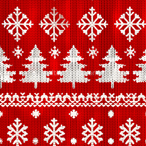 Seamless 3D PBR Texture of Red Knitted Christmas Fabric with White Snowflakes and Trees