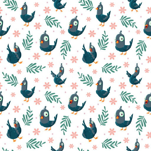 Pattern Bundle - Seamless 3D Pattern PBR Texture with Cartoon Pigeons and Floral Motifs on White Background texture preview