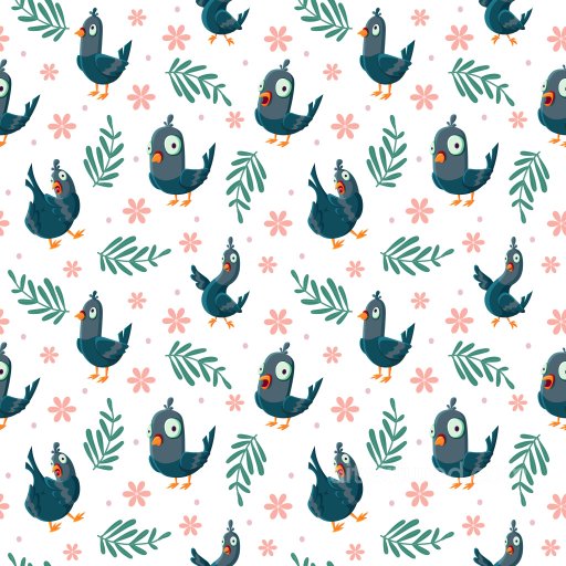 Pattern PBR Texture with Cartoon Pigeons and Floral Motifs on White Background seamless Pattern Bundle PBR texture