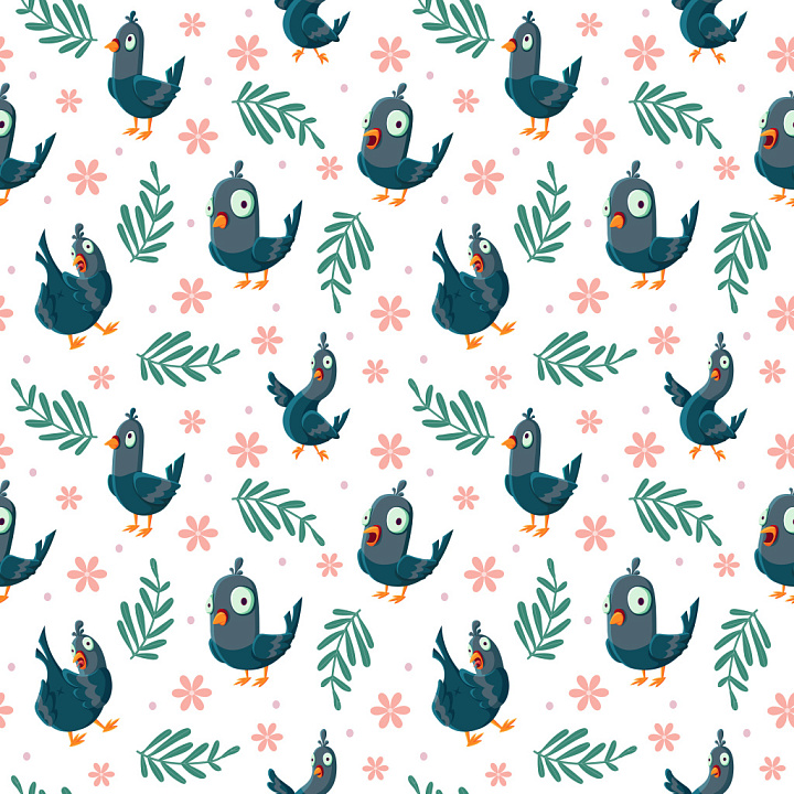 Pattern with Cartoon Pigeons and Floral Motifs on White Background seamless PBR texture preview