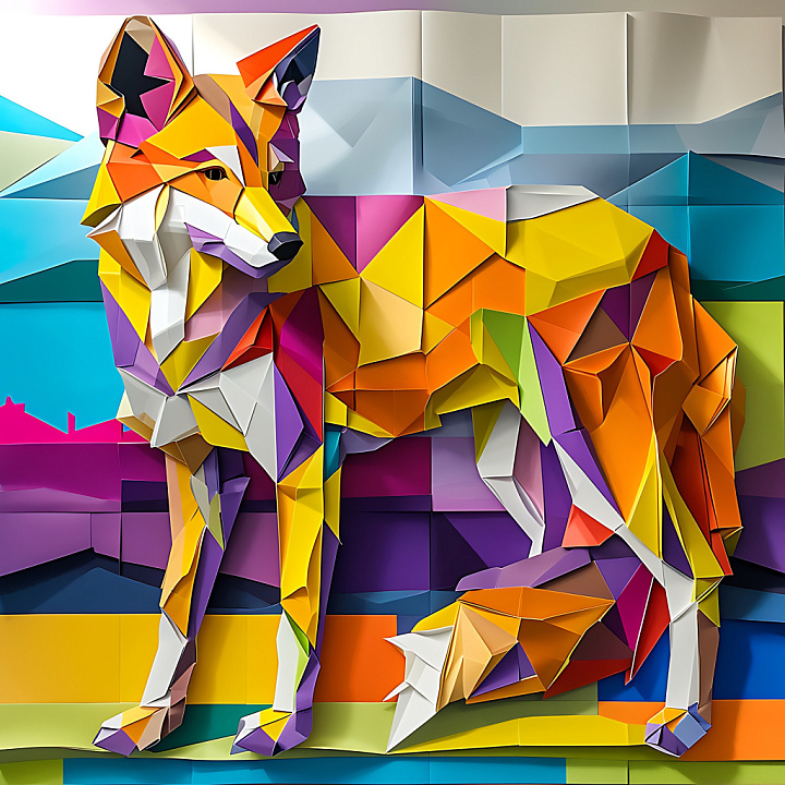 Featuring Vibrant Origami-Style Coyote in Bold Geometric Colors seamless PBR texture preview