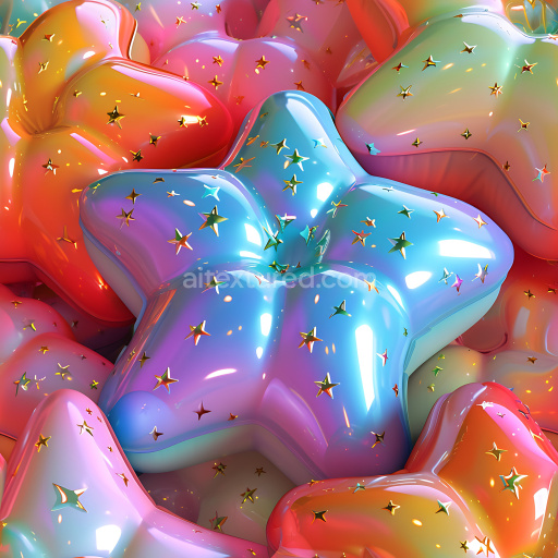Seamless 3D Inflated Vinyl Star-Shaped PBR Texture with Glossy Rainbow Hues and Gold Embellishments