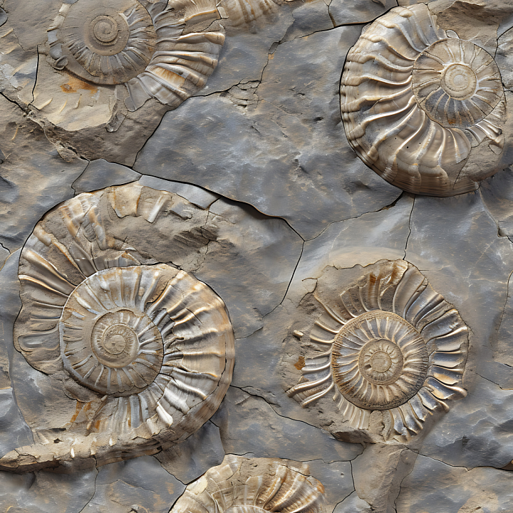 Fossilized Ammonite Stone with Detailed Shell Impressions seamless PBR texture preview