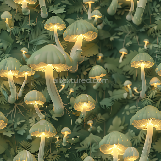 Seamless 3D PBR Camouflage Texture Featuring Glowing Mushrooms and Forest Foliage