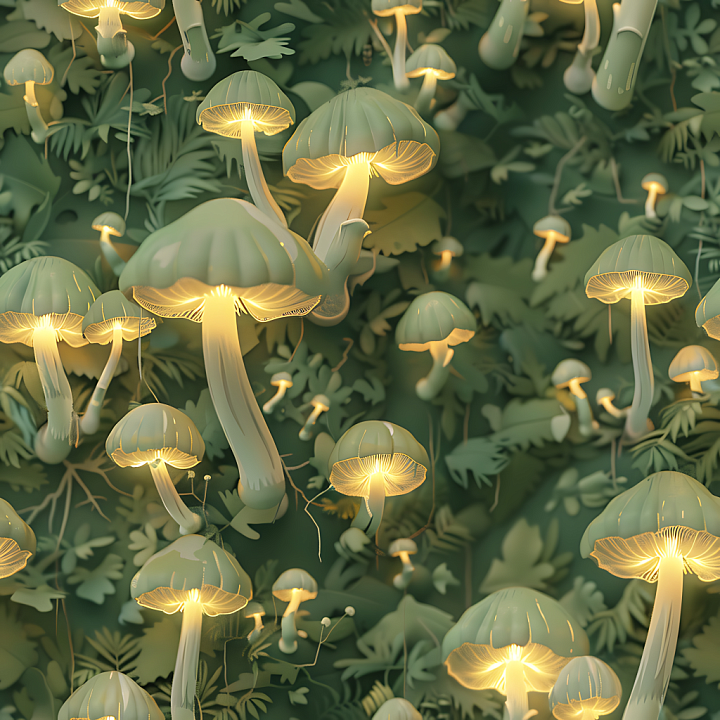 Camouflage Featuring Glowing Mushrooms and Forest Foliage seamless PBR texture preview