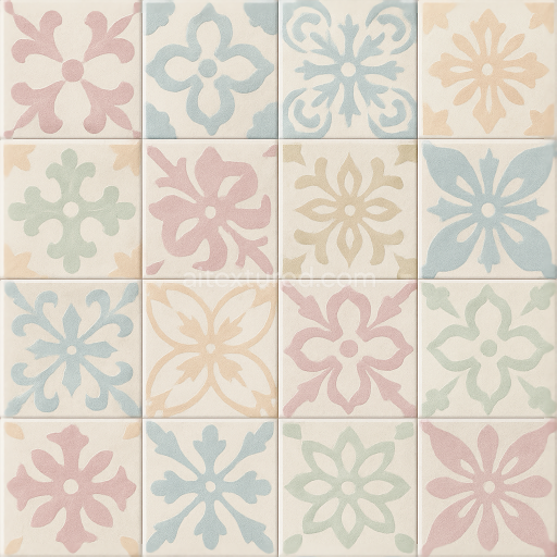 Seamless 3d texture pbr 8k encaustic tiles with pastel colors and smooth grout for classic ornamental floors
