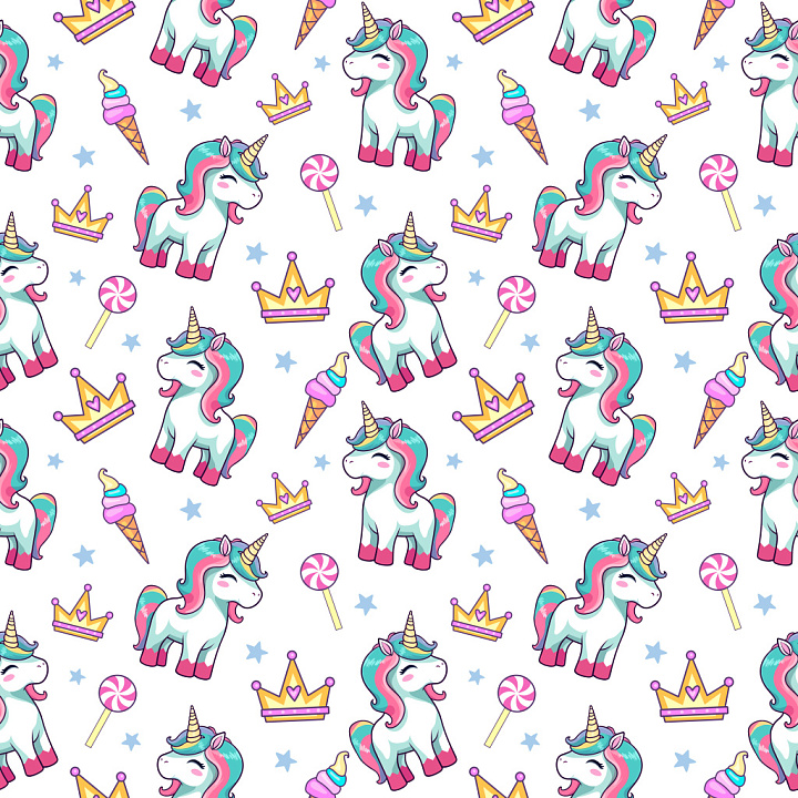 Cartoon Unicorn Pattern with Crowns and Sweets seamless PBR texture preview