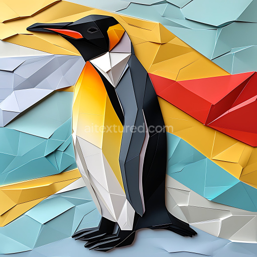 Seamless 3D PBR Texture Featuring Crested Penguin Origami Style with Geometric Color Blocks