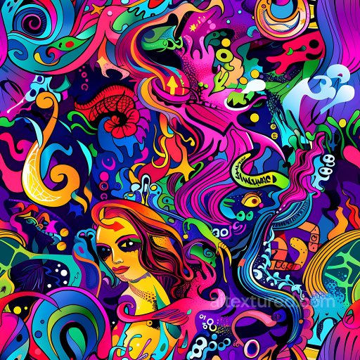 Seamless 3D PBR Texture of Psychedelic Graffiti with Bright Neon Colors and Abstract Swir… texture preview