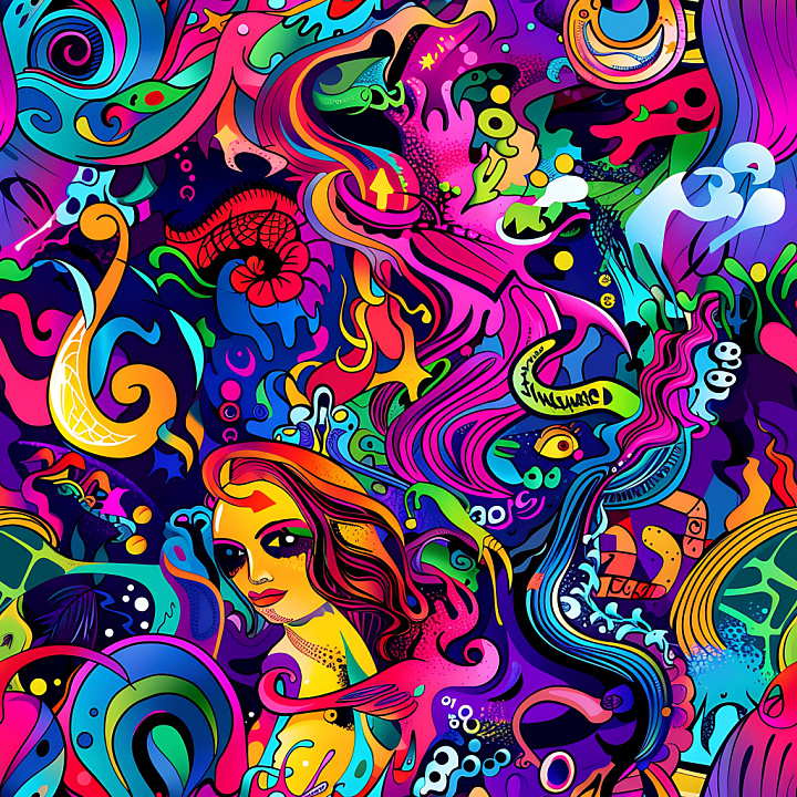 Psychedelic Graffiti with Bright Neon Colors and Abstract Swirls seamless PBR texture preview