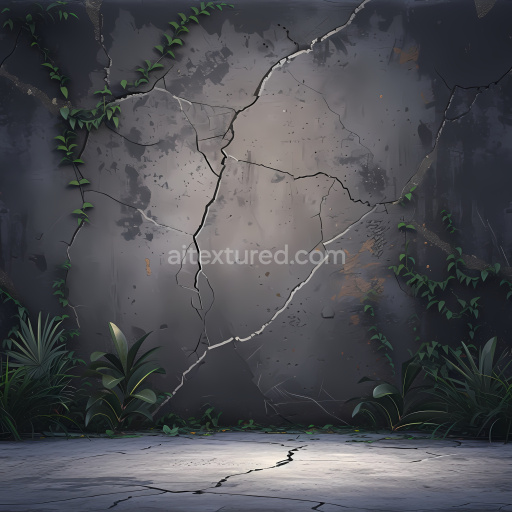 Seamless 3D PBR cracked concrete wall texture with natural holes and vine overgrowth