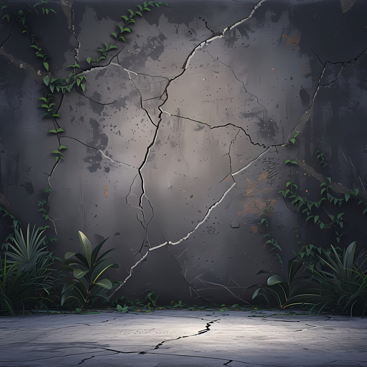 Cracked Concrete Wall With Natural Holes And Vine Overgrowth seamless PBR texture preview