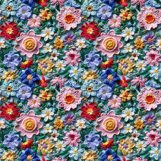 Seamless 3D PBR Embroidered Floral Fabric Texture with Multicolor Stitching