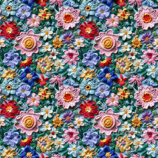 Embroidered Floral Fabric Texture with Multicolor Stitching seamless Embroidered floral PBR texture