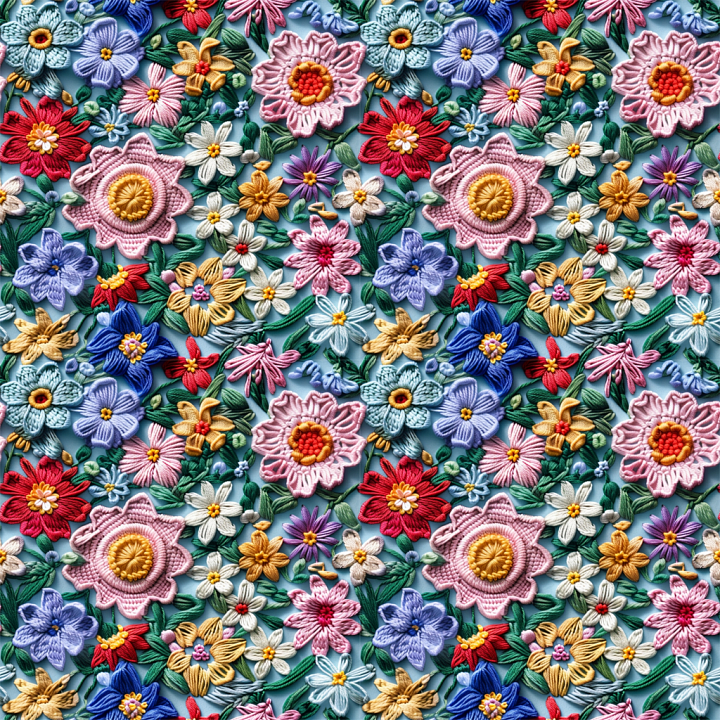 Embroidered Floral Fabric with Multicolor Stitching seamless PBR texture preview