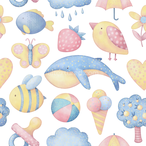 Seamless 3D PBR Fabric Texture Featuring Baby Boy Pastel Nursery Patterns