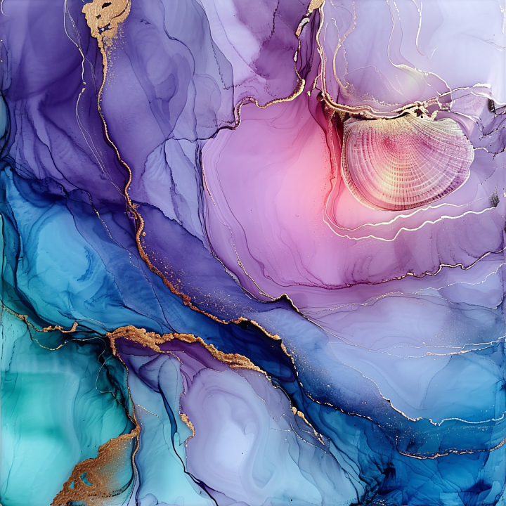 Alcohol Ink with Purple Blue Fluid Veins & Gold Accents seamless PBR texture preview