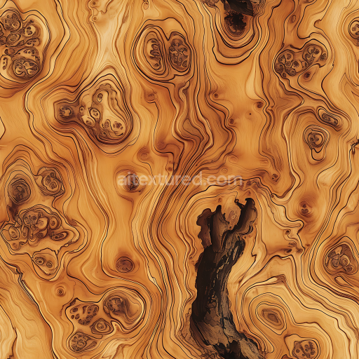 Seamless 3D PBR Burl Wood Texture Featuring Detailed Knots and Intricate Grain Lines