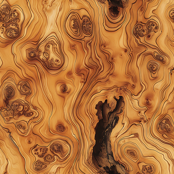 Burl Wood Featuring Detailed Knots and Intricate Grain Lines seamless PBR texture preview