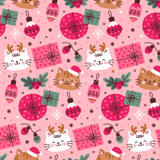 Seamless 3D PBR Digital Paper Texture with Festive Cats and Holiday Icons