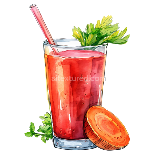 Watercolor Styled Beet and Carrot Juice Breakfast Illustration with Fresh Greens