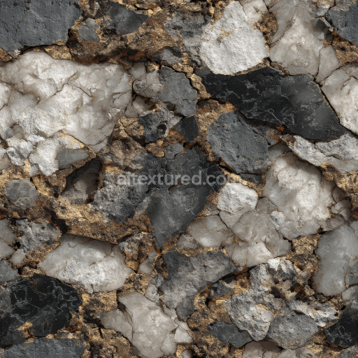 Seamless 3D Weathered Stone Wall PBR Texture with Dark Blues and Golden Veining