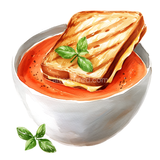 Watercolor Style Breakfast Graphic of Tomato Soup with Grilled Cheese Sandwich