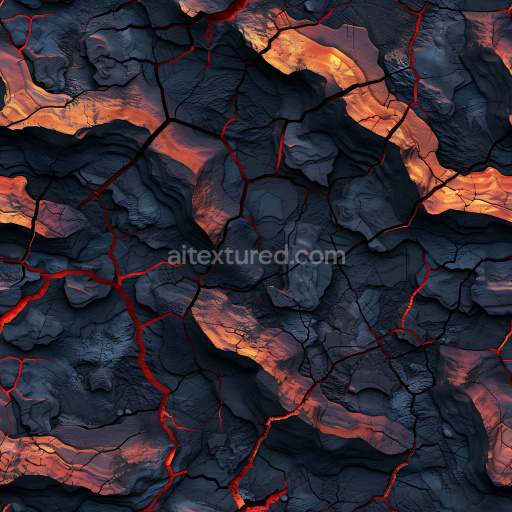 Seamless 3D cracked volcanic lava rock PBR texture with glowing fissures