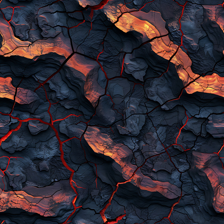 Cracked Volcanic Lava Rock With Glowing Fissures seamless PBR texture preview