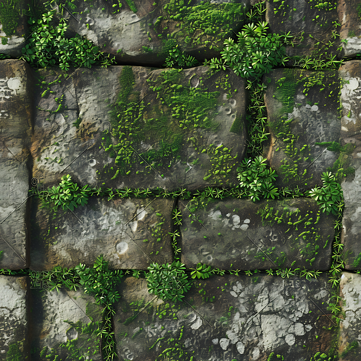 Moss-Covered Stone Pavement with Weathered Details Asphalt seamless PBR texture preview