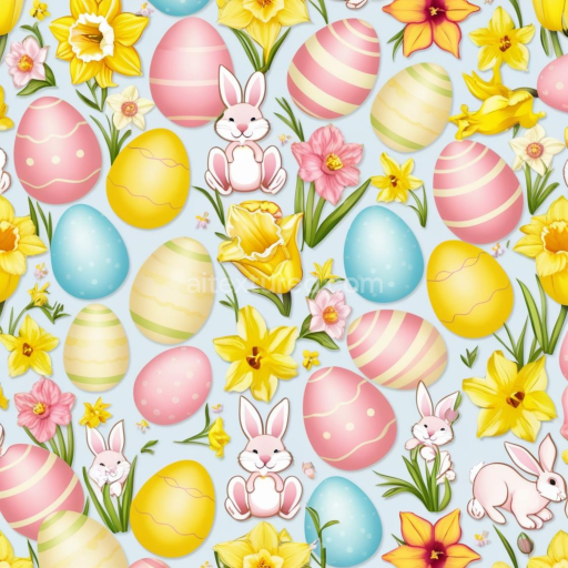 Seamless 3D PBR Easter Digital Paper Texture Featuring Colorful Eggs, Bunnies, and Flowers