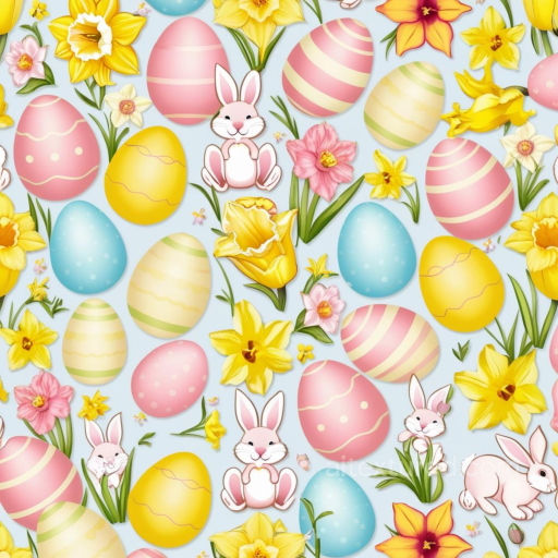 with Easter Eggs, Bunnies, and Spring Flowers seamless All Easter Digital paper PBR texture