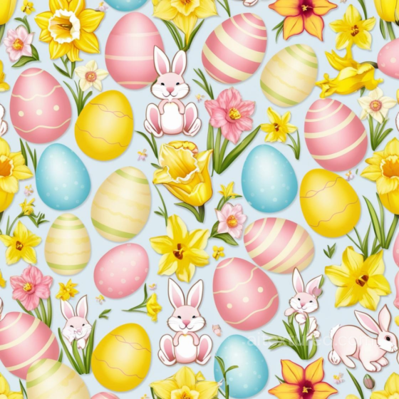 with Easter Eggs, Bunnies, and Spring Flowers All Easter Digital paper texture preview
