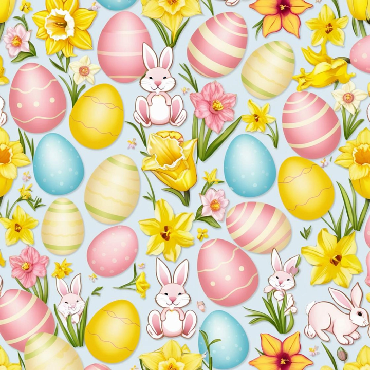 with Easter Eggs, Bunnies, and Spring Flowers seamless PBR texture preview
