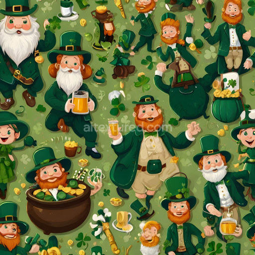 Seamless 3D PBR Texture Featuring St Patrick Leprechaun Characters & Shamrocks