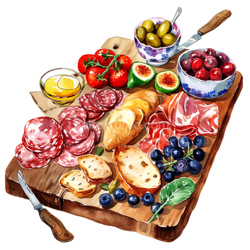 Watercolor Charcuterie Board Breakfast Graphic with Cold Cuts and Fresh Fruits