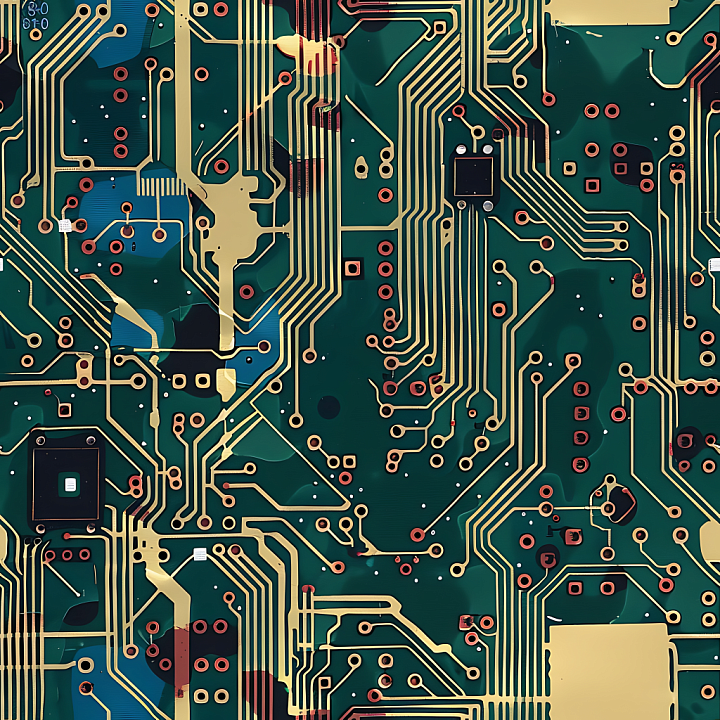 Cybernetic Circuit Board Camo with Tech Pattern and Metallic Accents seamless PBR texture preview