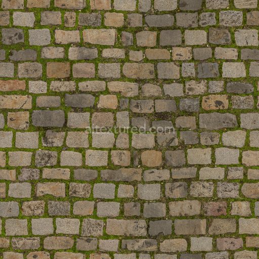 Earthy Moss Cobblestone — Moss Cobblestone Walkway Cobblestone Walkway Stonework — PBR seamless 3D texture