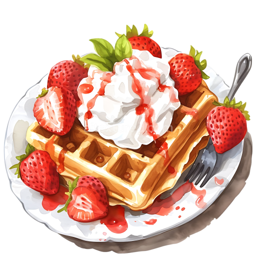 Preview — Breakfast Belgian Waffles with Fresh Strawberries and Whipped Cream Illustration