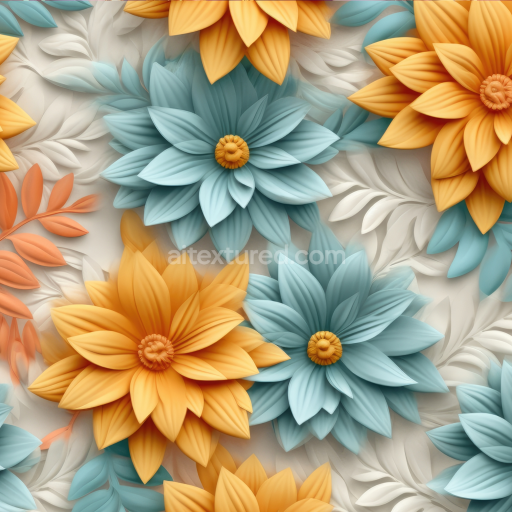 Seamless 3D PBR Floral Carved Stone Texture with Blue and Orange Flowers