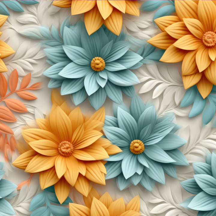 Floral Carved Stone with Blue and Orange Flowers seamless PBR texture preview