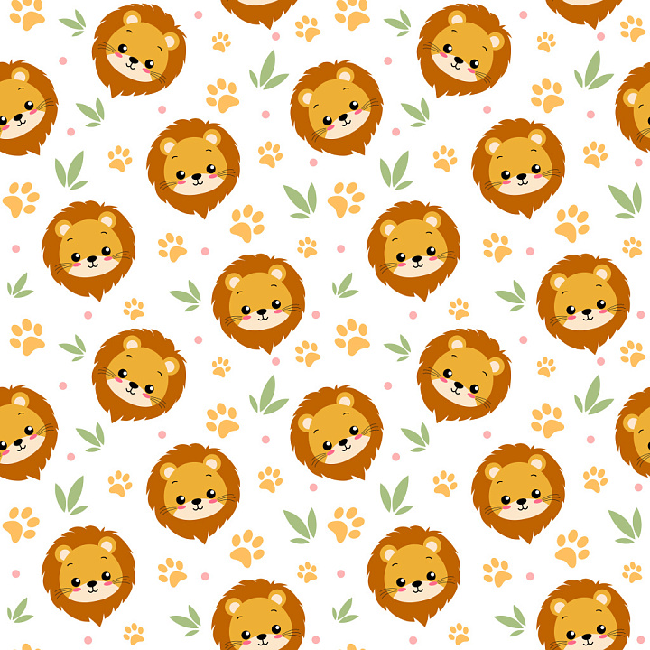 Pattern with Cute Cartoon Lion Faces and Leaf Motifs seamless PBR texture preview